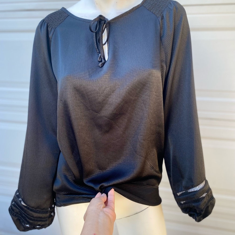 Ladies Black Satin Long Sleeves Peasant Blouse Top boho Jones New York gothic